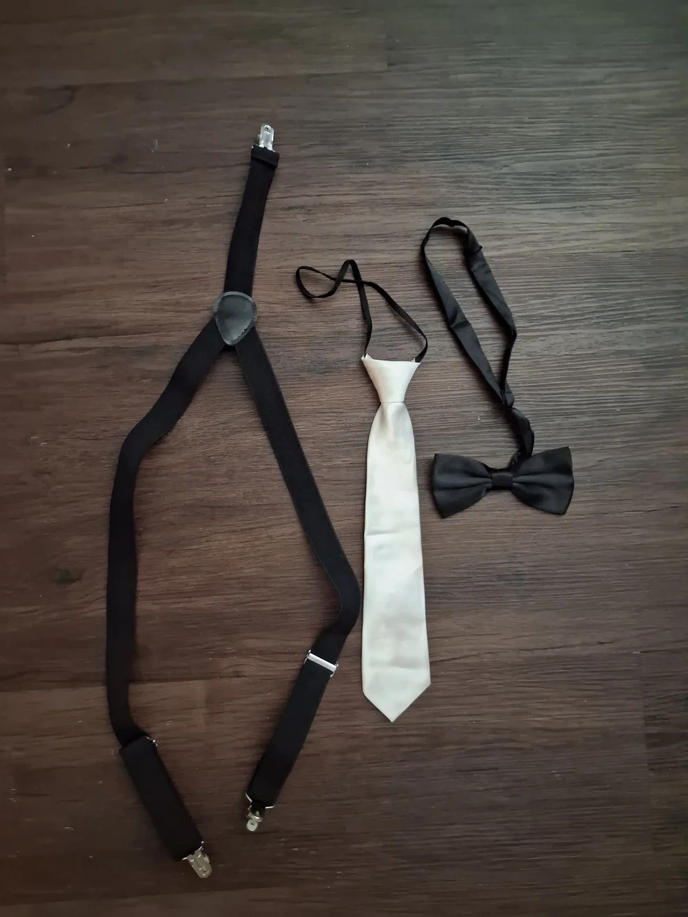 Kids Black Suspenders with White Tie and Black Bow Tie Set